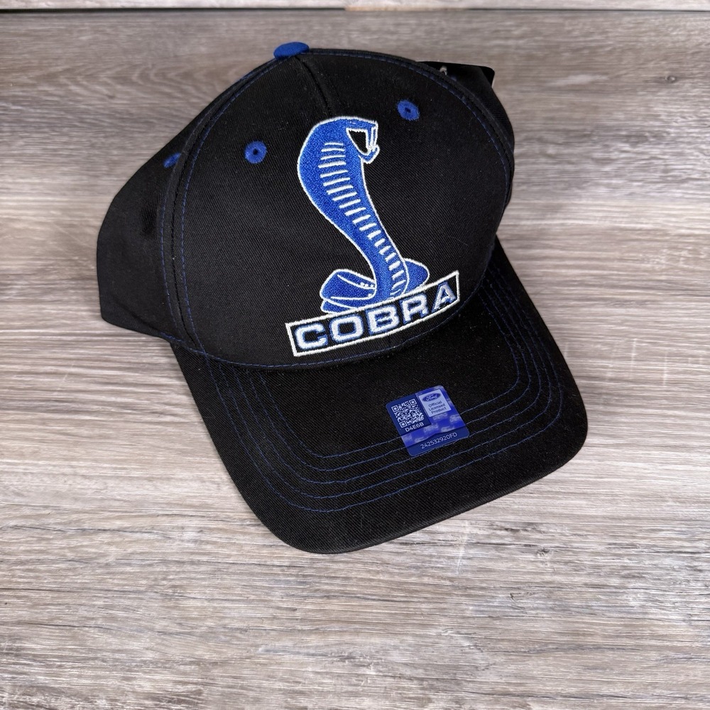 Shelby Cobra Mustang Hat / Cap - Black w/ Blue & White Snake Logo /‎ Emblem